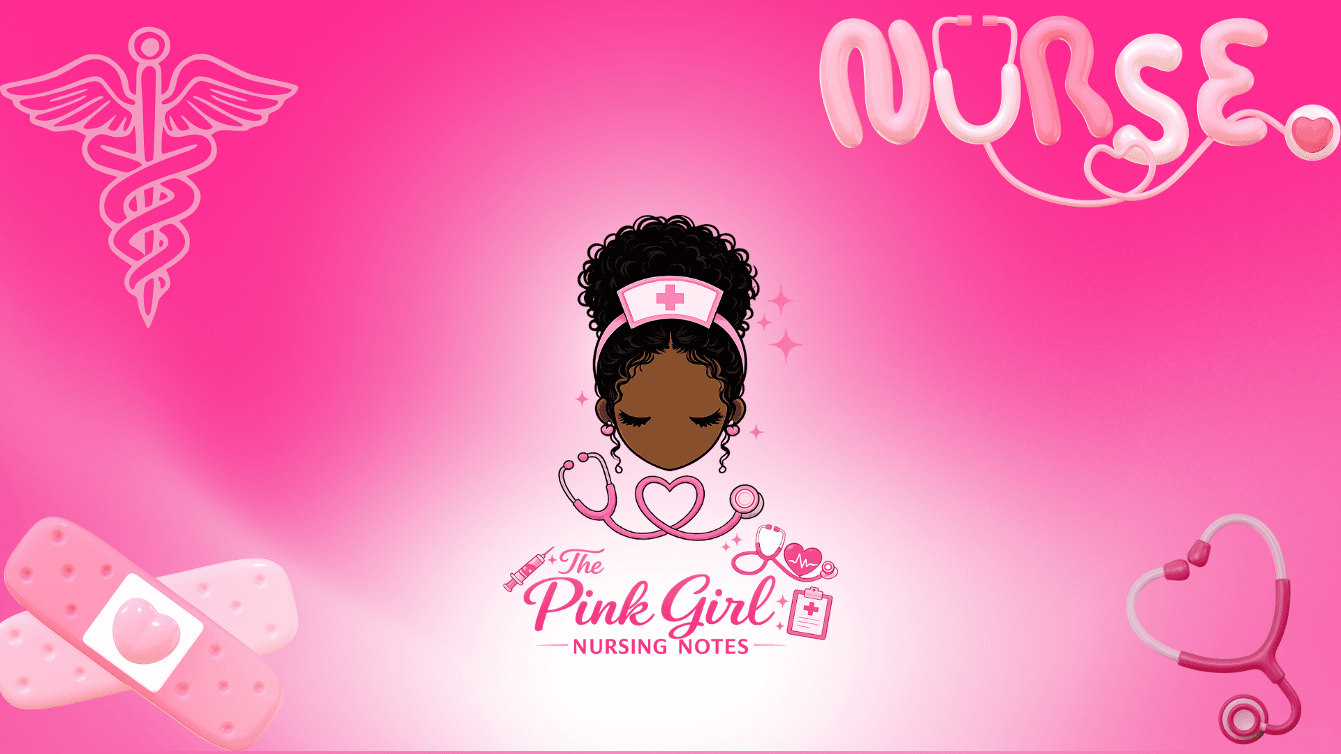 The Pink Girl Nursing Notes original banner featuring the Black nurse mascot and pink medical illustrations